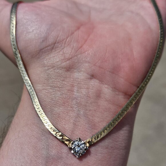 14K Yellow Gold Herringbone Static .60CT Diamond Necklace Chain 18 Inches 9.9G - Picture 1 of 11